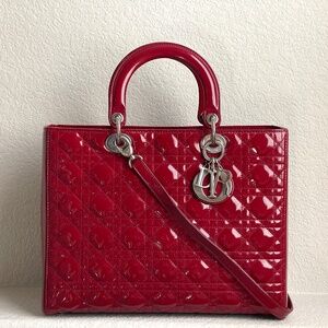 Christian Dior Cannage Lady Dior Large Red Patent Leather Tote